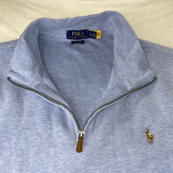 Polo Ralph Lauren Estate Rib Mens XL 1/4 Zip Sweater Baby Blue Flesh Pony Preppy - Picture 13 of 13